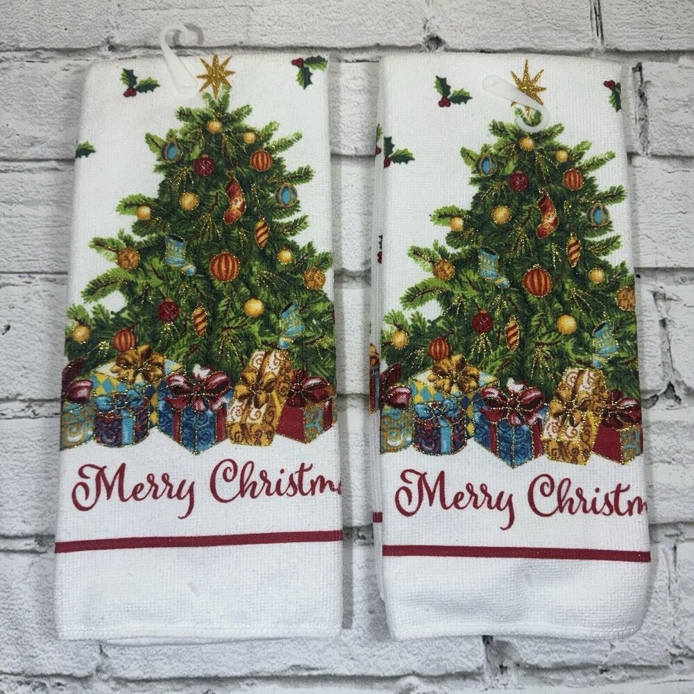 Merry Christmas Towel 15x25 100% Polyester Holiday White New Tree By Christmas H